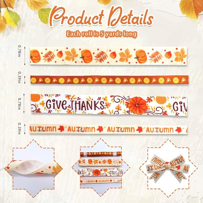 4 PCS Thanksgiving Fall Ribbons Pumpkin Leaves Printed Grosgrain Ribbons White - Image 2