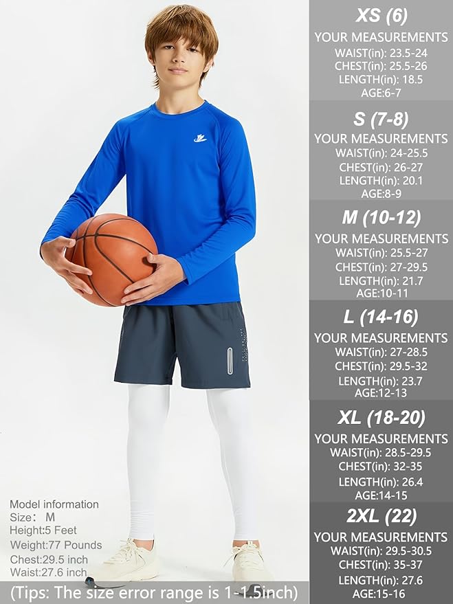 DEVOROPA Youth Boys Compression Shirt Long/Short Sleeve Football Baseball Undershirt Quick Dry Kids Sports Baselayer Crewneck