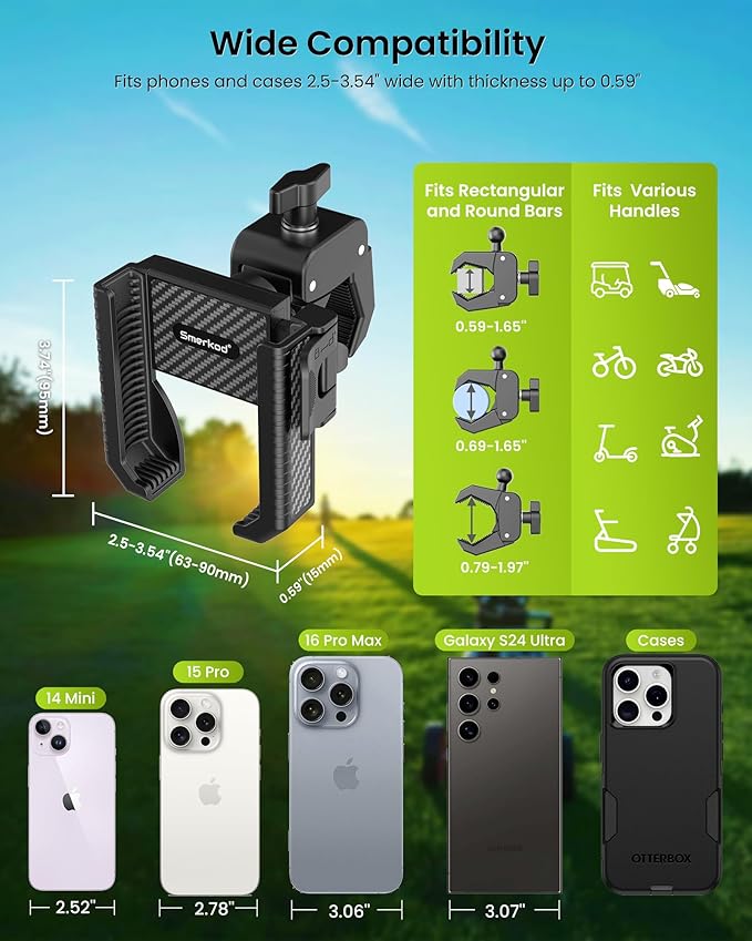 Golf Cart Phone Holder Mount - 3s Phone Clip Install, 1s Lock & Release，Phone Caddy for iPhone Galaxy & More Fits Yamaha Club Car EZGO Icon, Golf Cart Accessories Essentials Gift for Men Women
