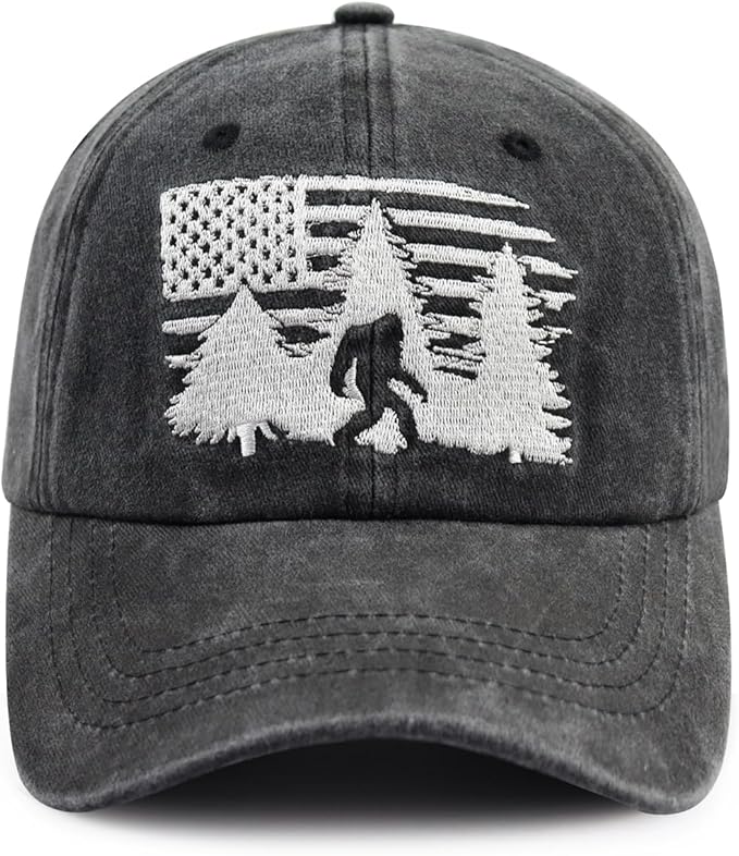 Bigfoot American Flag Hat for Men Women, Funny Adjustable Cotton Big Foot Sasquatch Patriotic Baseball Cap