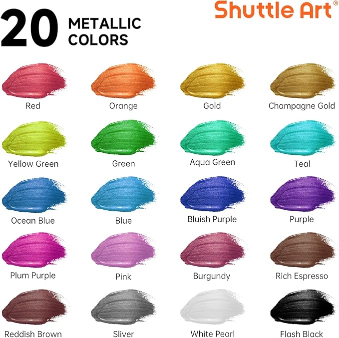 Shuttle Art Metallic Acrylic Paint Set, 20 Colors Metallic Paint in Bottles - Image 2