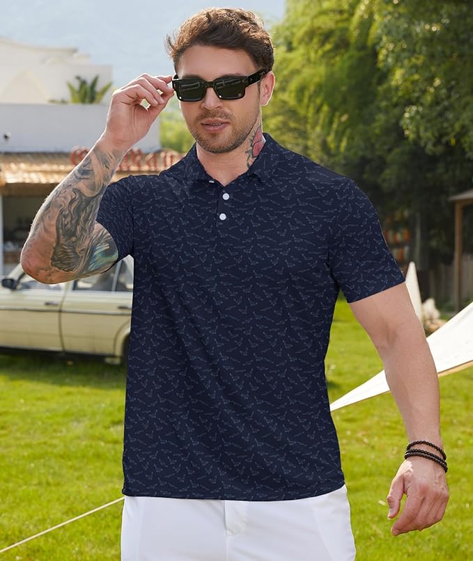 Golf Polo Shirts for Men Funny Print Short Sleeve Golf Shirts Performance Golf Polos