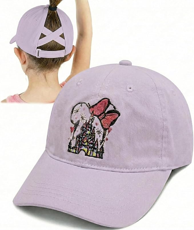 Baseball Caps for Girls Kids Cute Graphic Ponytail Hat Trucker Fashion Acid wash Hats Fun Adjustable Criss Cross Cap