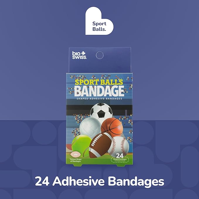 BioSwiss Bandages, Sports Balls Shaped Self Adhesive Bandage Set, Latex Free, Sterile Wound Care, 24 Count