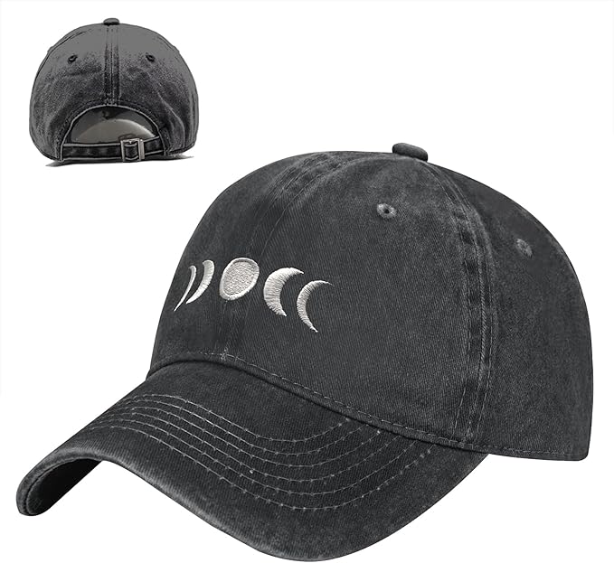 Gothic Goth Crescent Moon Hat, Adjustable Embroidered Washed Baseball Cap for Men Women