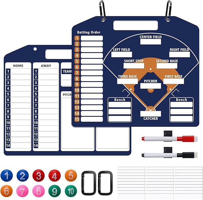 Magnetic Baseball Coach Clipboard, Anglecai Double-Sided Dry Erase Baseball Lineup Board for Softball Dugout Board Baseball Coaching Board with 30 Lineup Card/ 10 Magnet/2 Marker/2 Hook (Blue)