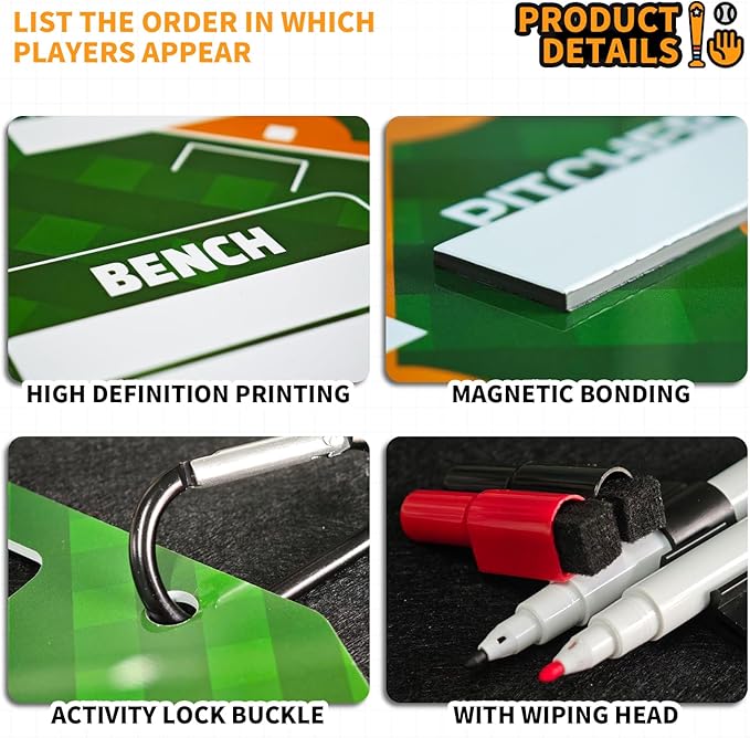 Magnetic Baseball Lineup Board,Baseball Dry Erase Board for Coaches,Softball Coaching Accessories,Baseballs Lineup Cards, Baseballs Clipboard for Coaches with 30 Cards