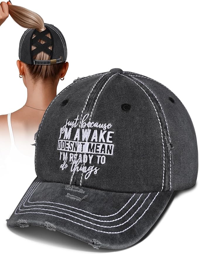 Flafens Women Pony Hats High Ponytail Baseball Caps - Cotton Vintage Washed Distressed Adjustable Criss Cross Trucker Hat