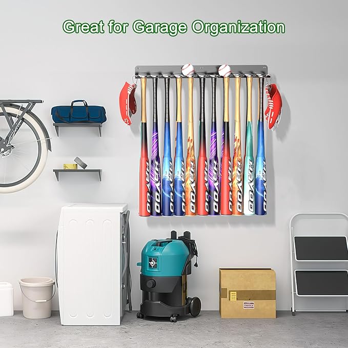 QBA Wall Mount Baseball Bat Holder, Heavy Duty Metal Bat Rack, Holds 22 Bats, Bats Organizer for Dugout Fence Home Garage (Black)