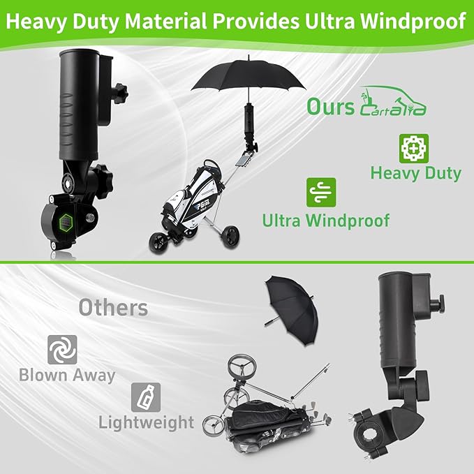 Heavy Duty Golf Push Cart Umbrella Holder, Upgraded Aluminium Alloy Base Ultra Windproof, Universal Umbrella Stand for Electric Lawn Mower, Stroller, Wheelchair, Mobility Scooter, Beach Chair