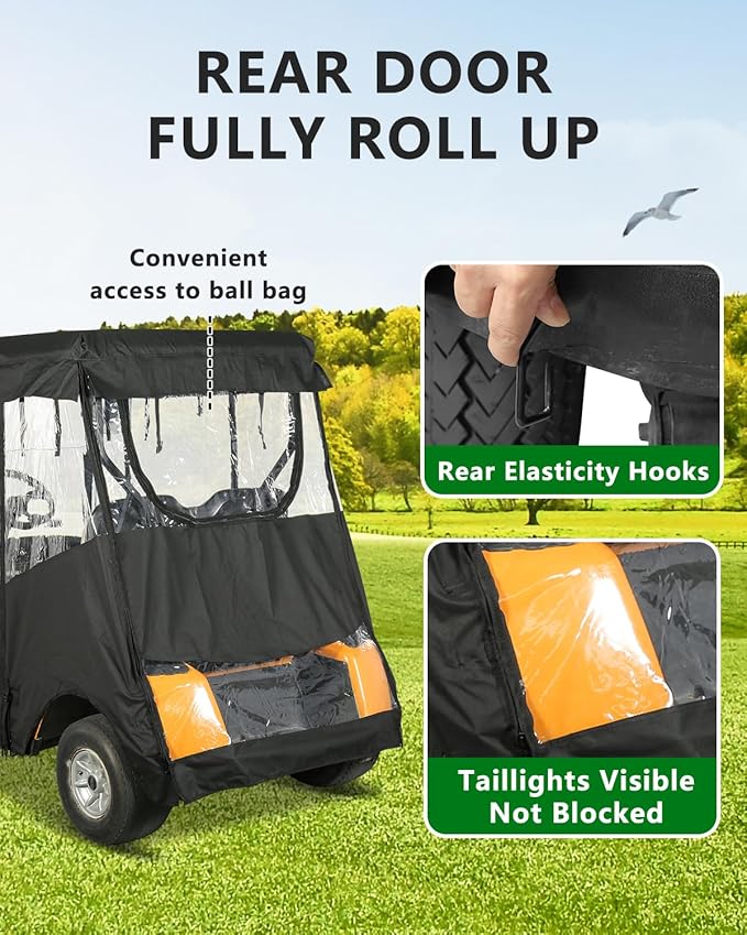 2 Passenger Golf Cart Enclosure for Ezgo TXT, 600D Waterproof Rain Driving Cover with 3 Sided Roll-Up Clear Windows & Doors, Heavy Duty Zippers & Side Mirror Openings