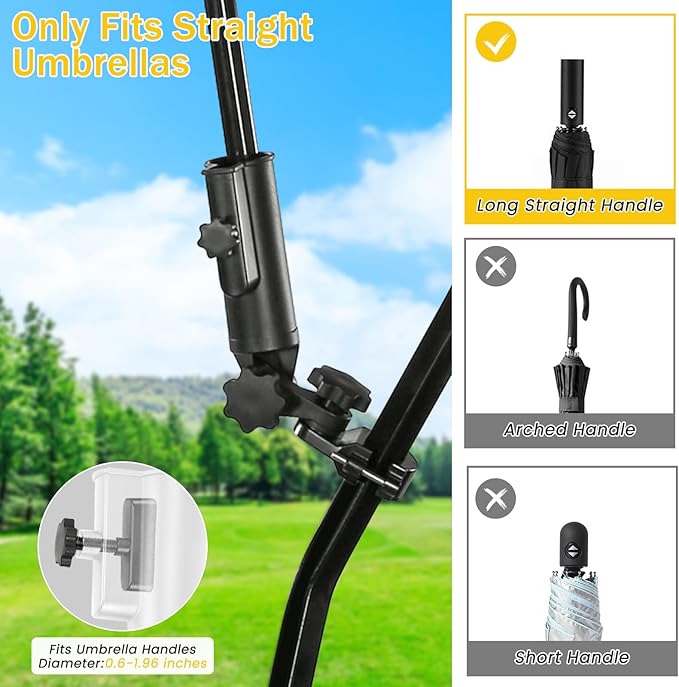 Heavy-Duty Golf Push Cart Umbrella Holder Aluminum Base 180° Adjustable for Stroller Bike Wheelchair Bicycle Mobility Scooter Beach Chair Universal Windproof Umbrella Mount