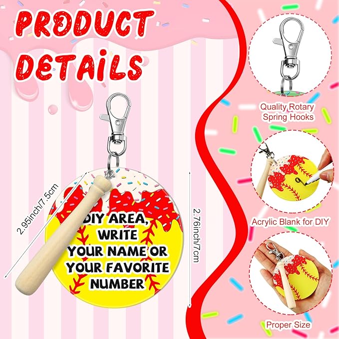 Cunno 12 Sets Softball Ice Cream Drip Acrylic Keychain Blank DIY Kit Bulk Softball Ice Cream Theme 3 Inch Acrylic Keyring with Swivel Snap Hook Keychain for Team Gifts Sport Party Favors