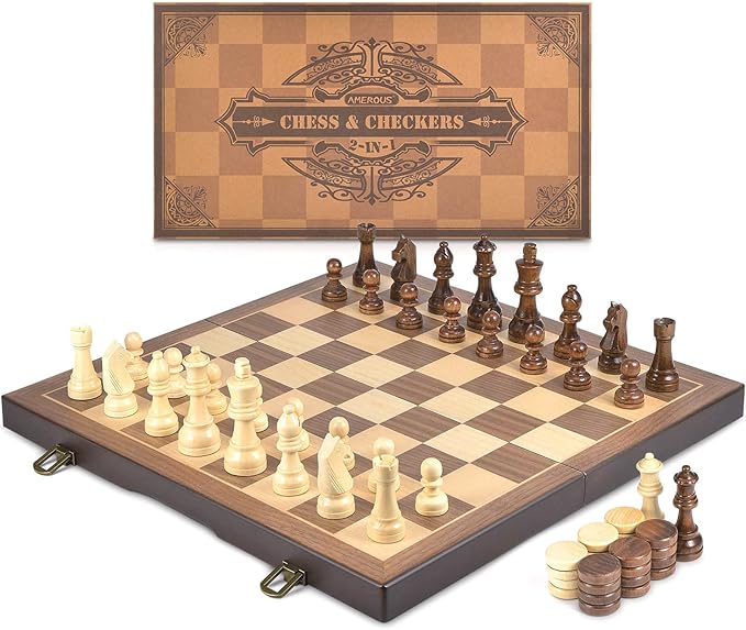 AMEROUS Magnetic Wooden Chess and Checkers Game Set, 15 Inches Chess Board Games - Image 7