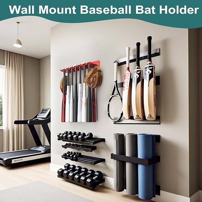QBA Wall Mount Baseball Bat Holder, Heavy Duty Metal Bats Rack, Holds 14 Bats, Bat Organizer for Dugout Fence Home Garage (Red)