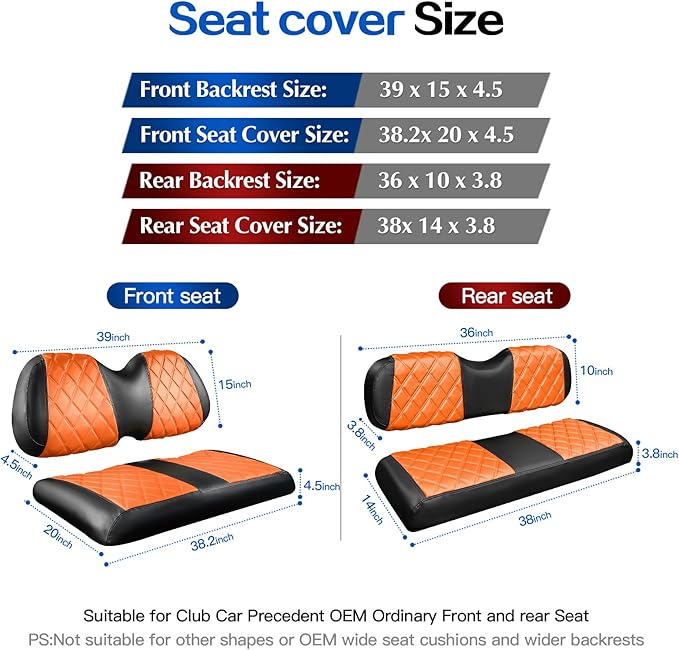 NOKINS 4PCS Golf Cart Diamond Seat Covers Kit,Front and Rear Seat Covers for Club Car Precedent/EZGO TXT/Yamaha Original Regular Seat Cushion (Orange and Black, Club Car Precedent)