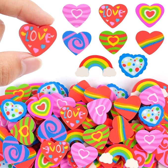 48pcs Large Erasers for Kids Bulk Heart Rainbow Pencil Erasers for Classroom by Wolpark