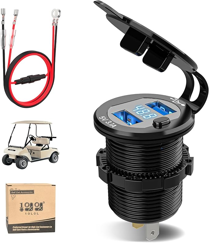 USB Ports 2 in 1 Dual Outputs & LED Display Voltage Meter Universal for Club Car, EZGO & Yamaha, Quick Charge 3.1A,Metal Shell Safe Charging Socket 9V-48V Voltage Input