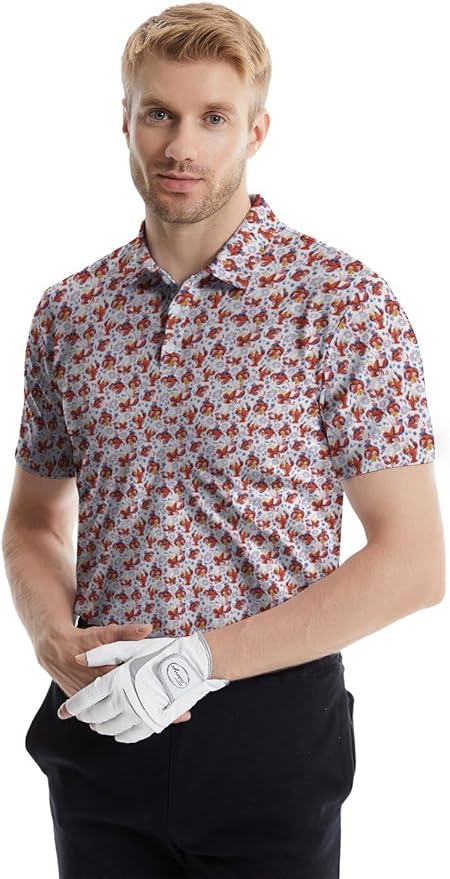 HUURAY Funny Golf Polos for Men Funny Print Short Sleeve Shirts Quick Dry Polo Shirts Hawaiian Shirt Performance Golf Outfits