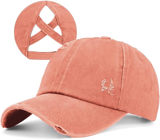 Criss Cross Ponytail Hat Women Washed Distressed Baseball Caps Adjustable High Messy Bun Ponycap