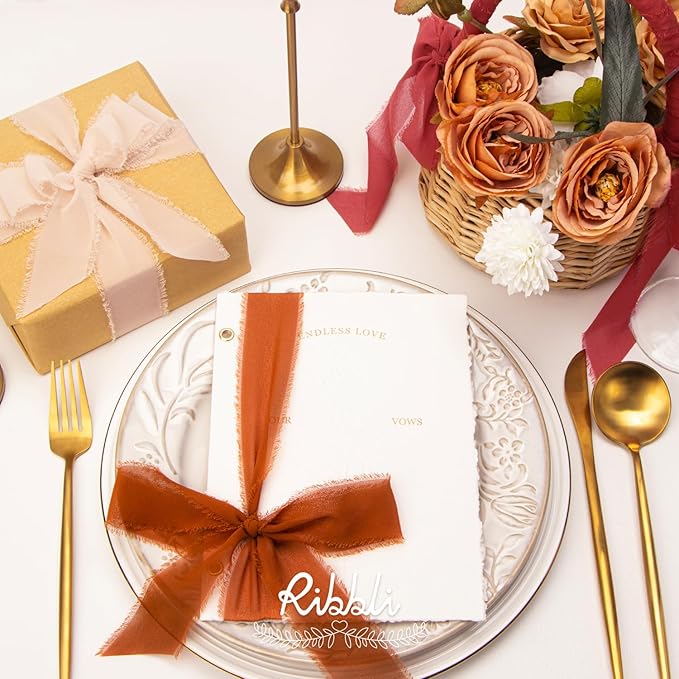 Ribbli Chiffon Silk Ribbon, 1.5 inch x 30 Yard, Champagne/Terracotta/Rust Red - Image 2