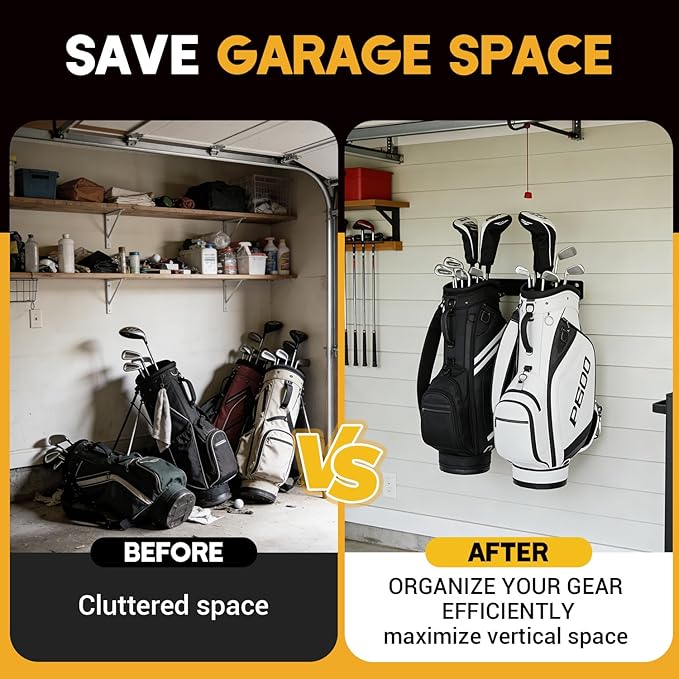 Golf Bag Wall Mount for Garage, with Anti-Slip Hooks, Wall Mount Golf Bag Holder, Space Saving Heavy-Duty Wall Mount Organizer for Golf Bags & Accessories, 2 Pack