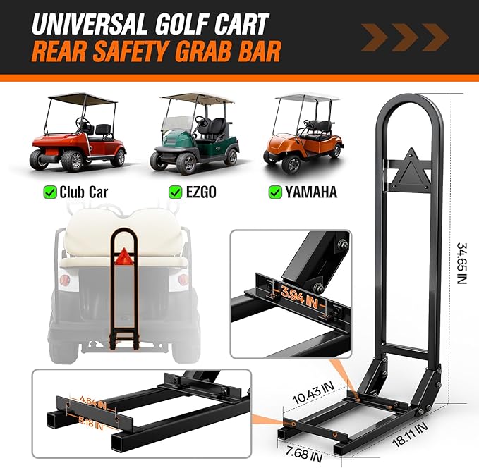 Golf Cart Rear Seat Grab Bar, Fits Club Car EZGO Yamaha(2+2) /(4+2) Passenger Golf Cart with Metal Footplates, Universal Golf Cart Safety Grab Bar, Detachable & Easy to Install