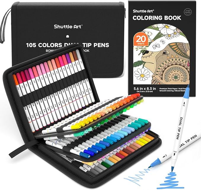 Shuttle Art Dual Tip Brush Marker Pens, 105 Colors Fine and Brush Tip Markers by ShuttleArt