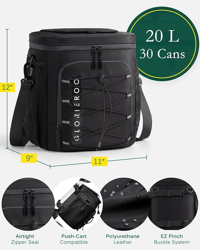 Golf Cart Cooler Bag Insulated - 12-Can Leakproof Soft Cooler Bag with Hook-and-Loop Lid, Waterproof Zippers, and Multi-Pockets for Accessories; Fits on Golf Push Cart