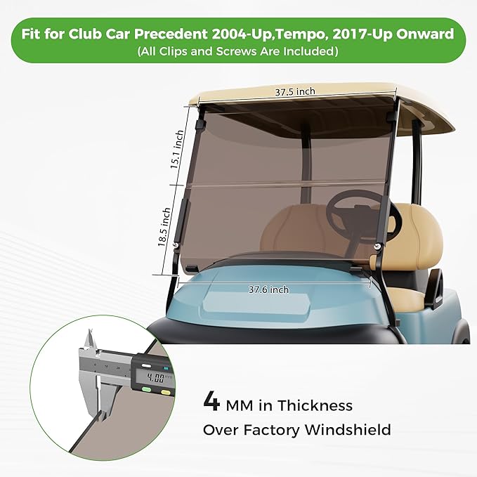 10L0L Golf Cart Windshield for Club Car Precedent 2004-Up, Tempo, 2017-Up Onward, One-Piece Hinge Design, Clear/Tinted Anti-UV Impact Resistant,HD View, 37.5" W X 33.6" H