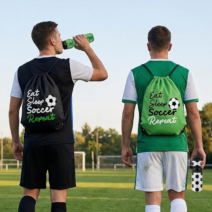 Reallnaive 24 Pcs Soccer Party Favor Gifts, 24 oz Soccer Water Bottle Reusable Sport Squeeze Drinking Cup, Eat Sleep Drawstring Bag Cinch Sack Sport Pack for School Team Gift Event Accessories