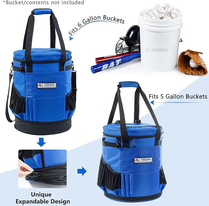 VIGERARI Baseball Bucket Bag- Coach Bag-Expandable Softball Bucket Organizer with Padded Seat