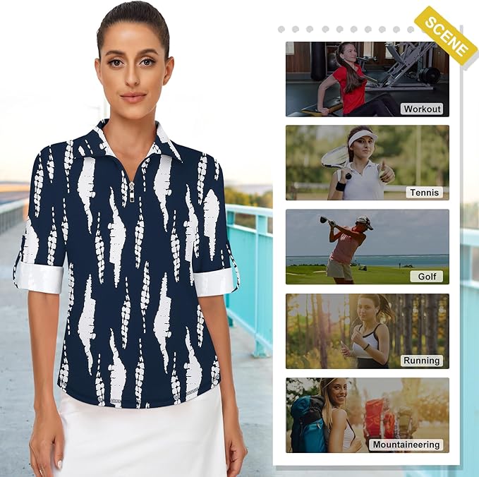 Koscacy Women's 3/4 Roll Sleeve Golf Tennis Polo Shirts UPF50+ Half Zip Dry Fit Workout Tops Athletic Shirt