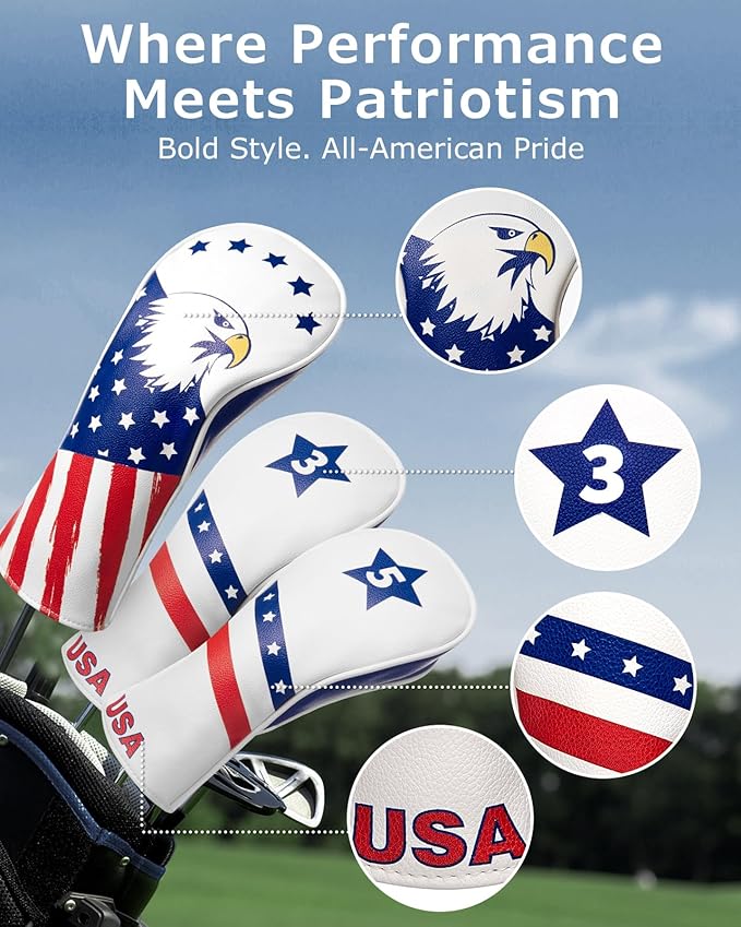 Fitense Golf Head Covers, 3 Pack Golf Club Head Covers USA Stars and Stripes, Velour Lined for Extra Club Protection, Designed to Fit All Woods and Drivers Velour Lined