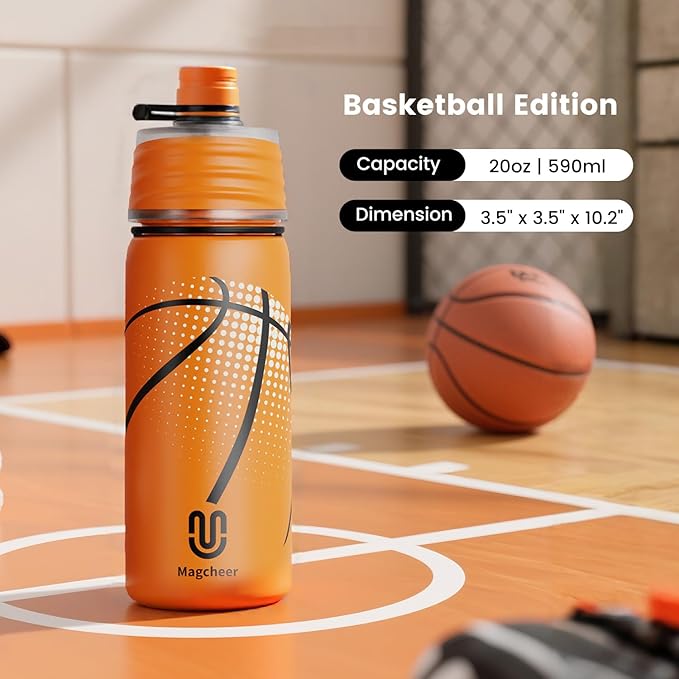 Basketball Water Bottle - 20oz Insulated Misting Water Bottles Stainless Steel 3D Textured - Basketball Accessories Gift for Kids