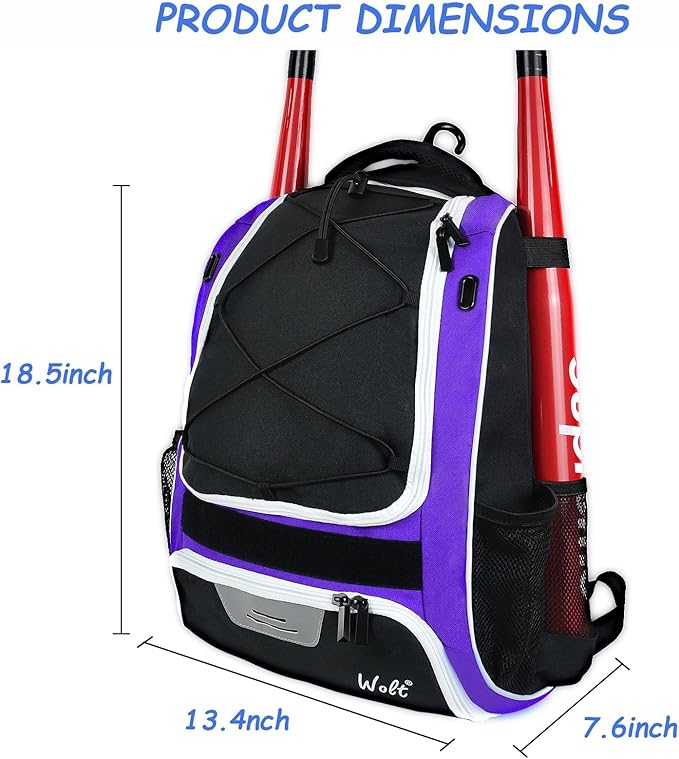 WOLT Youth Baseball Bag - Bat Backpack for Baseball, T-Ball & Softball Equipment & Gear, Bat & Glove Holder, Large Main Compartment for Helmet & accessories, Separate Shoes Compartment, Fence Hook