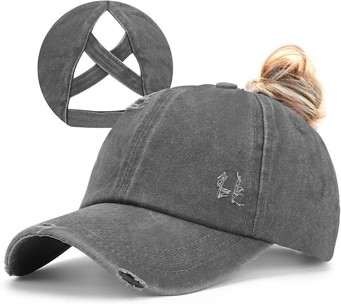 Womens Criss Cross Ponytail Baseball Cap Distressed Ponytail Hat High Messy Bun Trucker Ponycap for Outdoor Sports