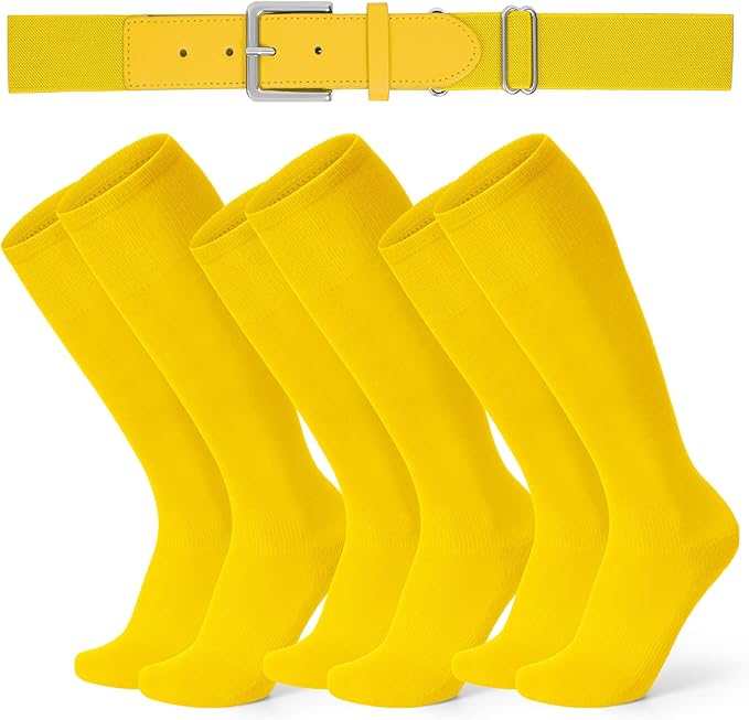 XZQTIVE 3 Pairs of Baseball Softball Socks and 1 Baseball Softball Belt Combo Set Knee-High Soccer Socks for Kids Youth Adult