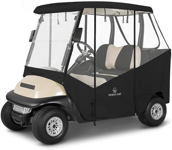2 Passenger Golf Cart Enclosure for Club Car Precedent Tempo Onward, 600D Waterproof Driving Rain Cover with Full Roll-Up Clear Windows & Doors, Heavy Duty Zippers & Side Mirror Openings