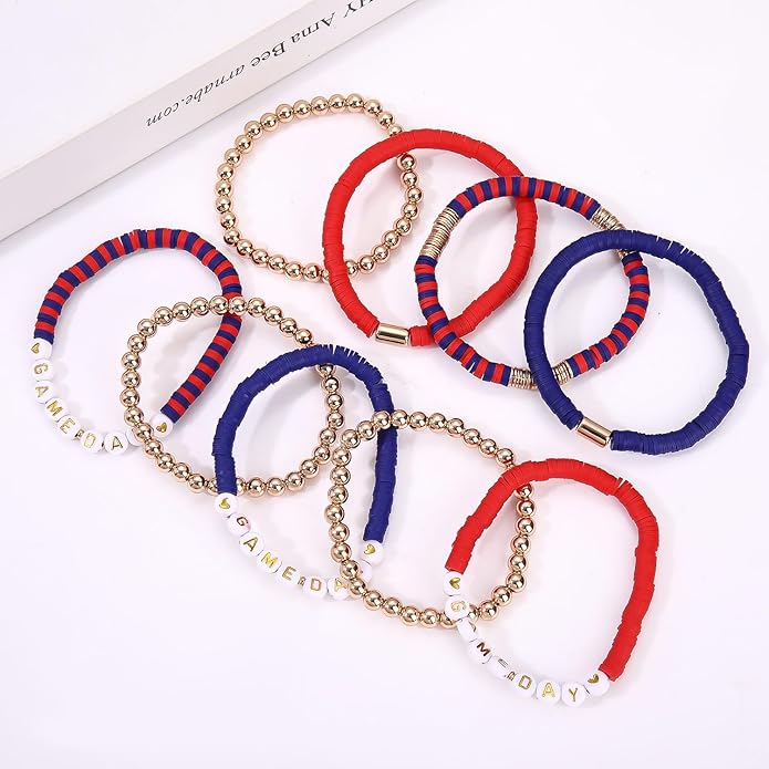 NLCAC 9 Pack Game Day Bracelets Stackable Heishi Beaded Stretchy Bracelet Preppy Jewelry Baseball Football Team Bracelets Sports Fan Accessories Gifts