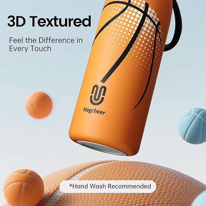 Basketball Water Bottle - 20oz Insulated Misting Water Bottles Stainless Steel 3D Textured - Basketball Accessories Gift for Kids