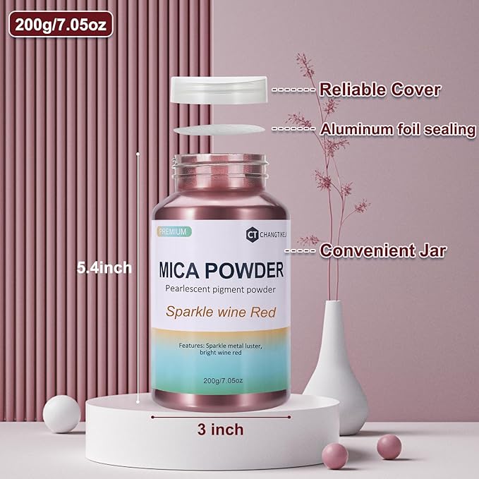 Mica Powder, 200g/7.33oz Large Jar, Sparkle Wine Red Mica Powder Pigment - Image 3