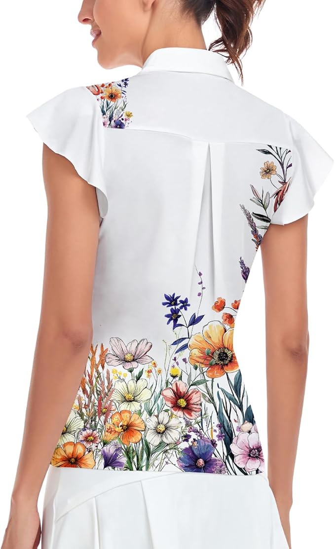 Soneven Womens Petal Sleeve Golf Shirts Moisture Wicking Lady Golf Apparel Print Tennis Sport T Shirt
