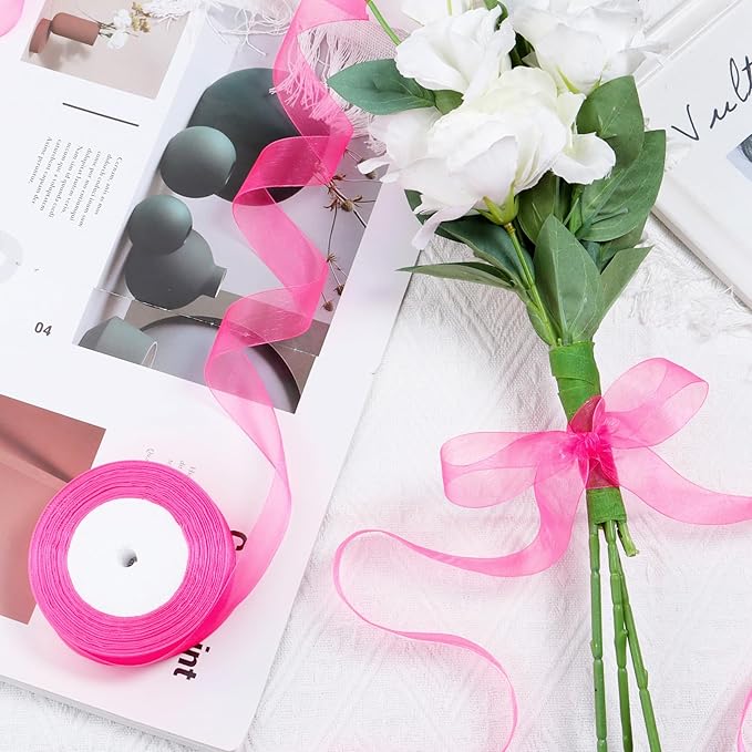 Ribbon for Gift Wrapping 3/4 inch Hot Pink Sheer Organza Ribbon for Flower - Image 4