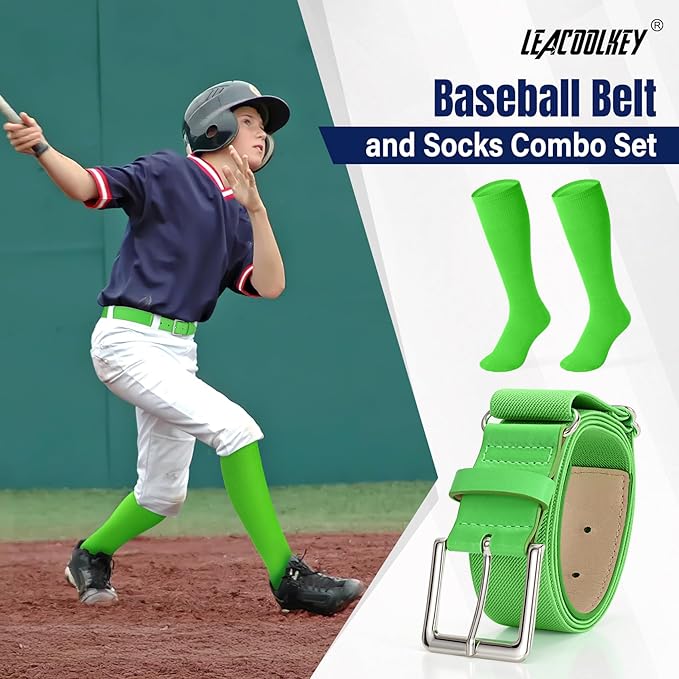 LEACOOLKEY Baseball Belt and Socks Combo Set Adjustable Softball Socks and Elastic Belt for Youth and Adult