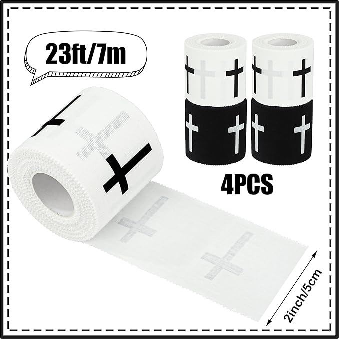 4 Pcs Christian Athletic Tapes Religious Sport Tape with Cross White Black Cross Athletic Wrist Tapes for Sports Gymnastics Tennis Baseball Boxing Athlete First Aid Injury Wrap, 2inx23ft