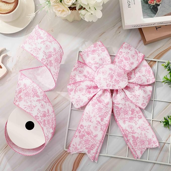 AnyDesign Floral Wired Edge Ribbon Roll Pink Flower Ribbon Chinoiserie Fabric - Image 4
