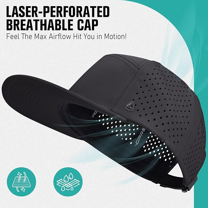 AOPREL Flat Brim Baseball Cap for Men Adjustable Water-Resistant Performance Hat with Breathable Laser Perforated