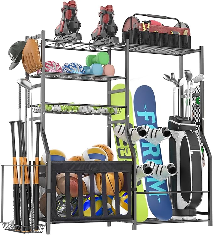 Heavy Duty Garage Sports Equipment Organizer, All-in-One Golf Bag Storage Rack & Multi-Sport Ball Holder for Basketballs, Bats & Kids Toys, Indoor/Outdoor Free Standing Gear Bin