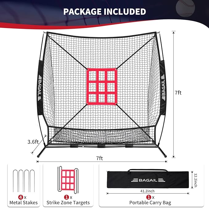BAGAIL 7x7 ft Baseball & Softball Practice Net with Bow Frame for Batting, Hitting, Pitching, Portable Baseball Throwing Net with Strike Zone, Carry Bag, Baseball Training Aid for All Levels